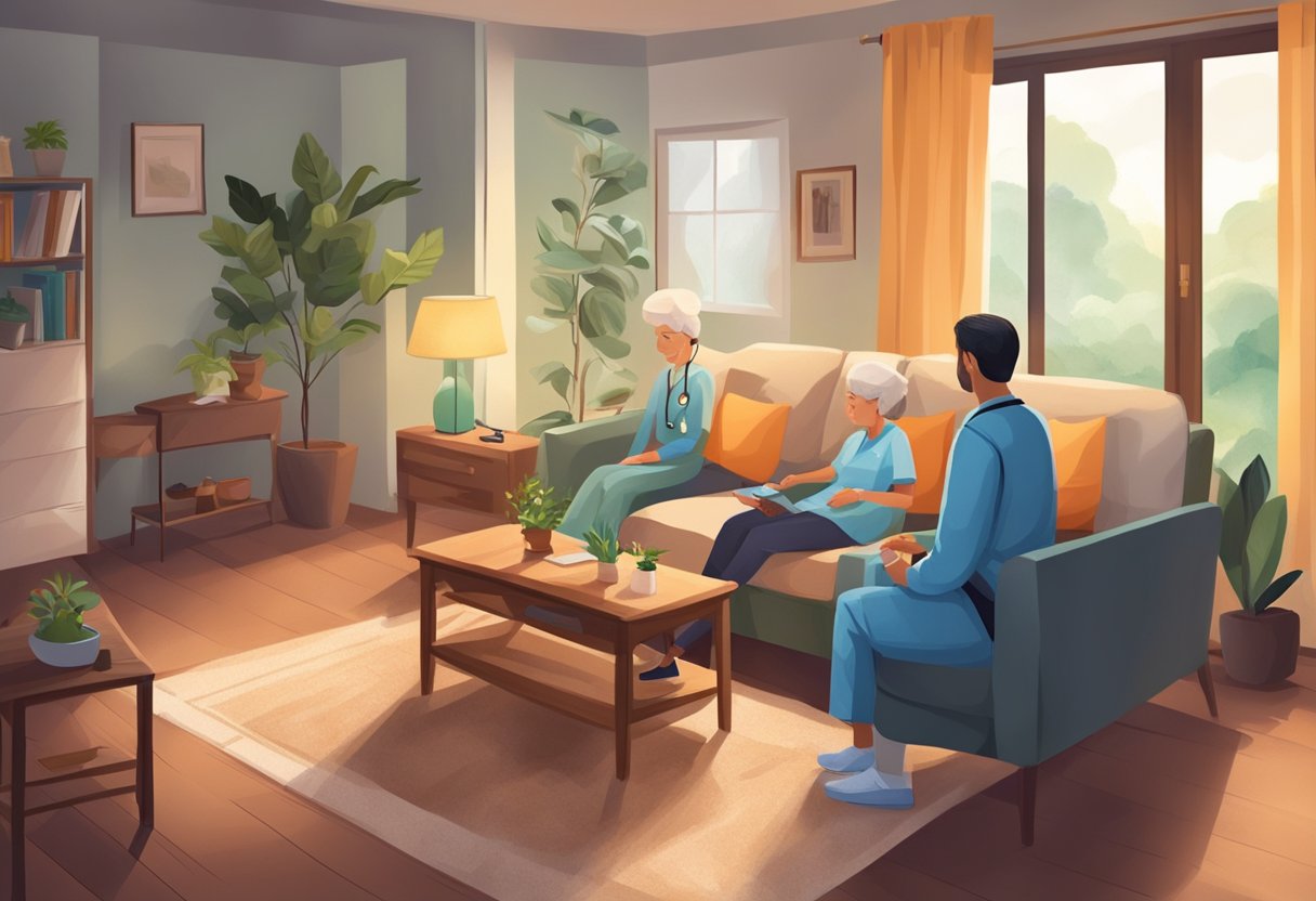 Uma sala de estar aconchegante com um médico fazendo uma visita domiciliar em Curitiba, atendendo a um paciente que precisa de serviços especializados de cuidados em casa.