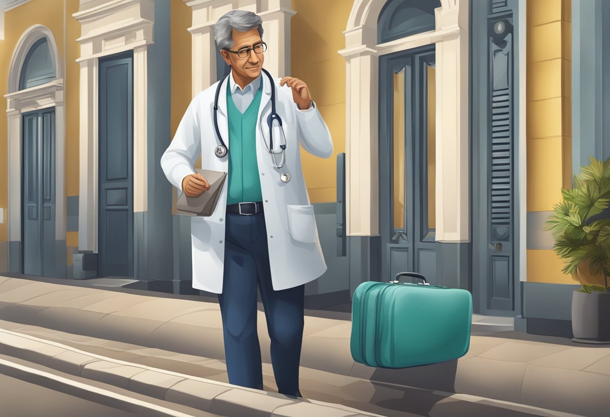 Um médico fazendo uma visita domiciliar em Curitiba, carregando uma maleta médica e usando um estetoscópio ao redor do pescoço.