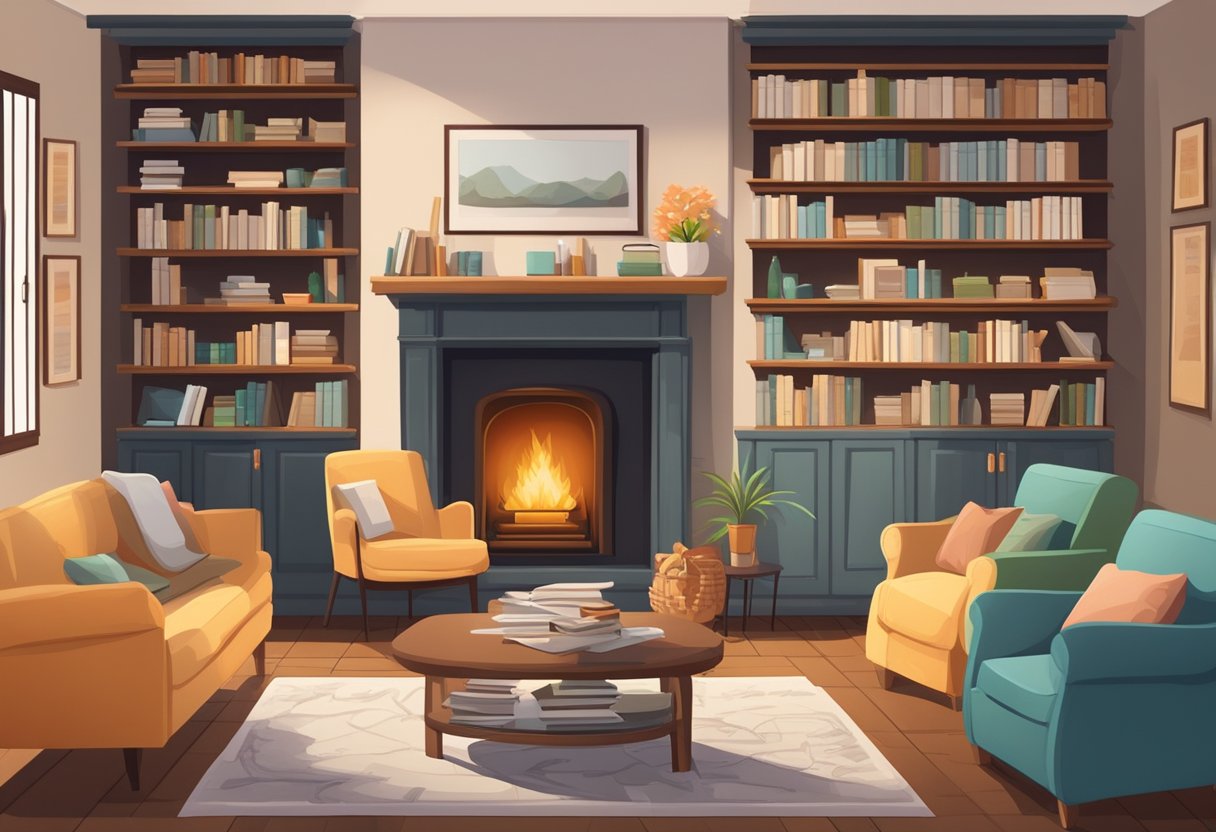 Uma sala de estar aconchegante com um sofá confortável e poltronas, uma lareira acolhedora e uma estante cheia de literatura médica.