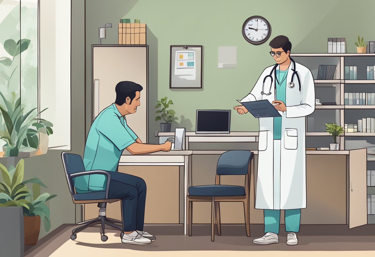 Um médico fazendo uma visita domiciliar em Curitiba, Brasil, prestando atendimento médico a um paciente com um plano de saúde.