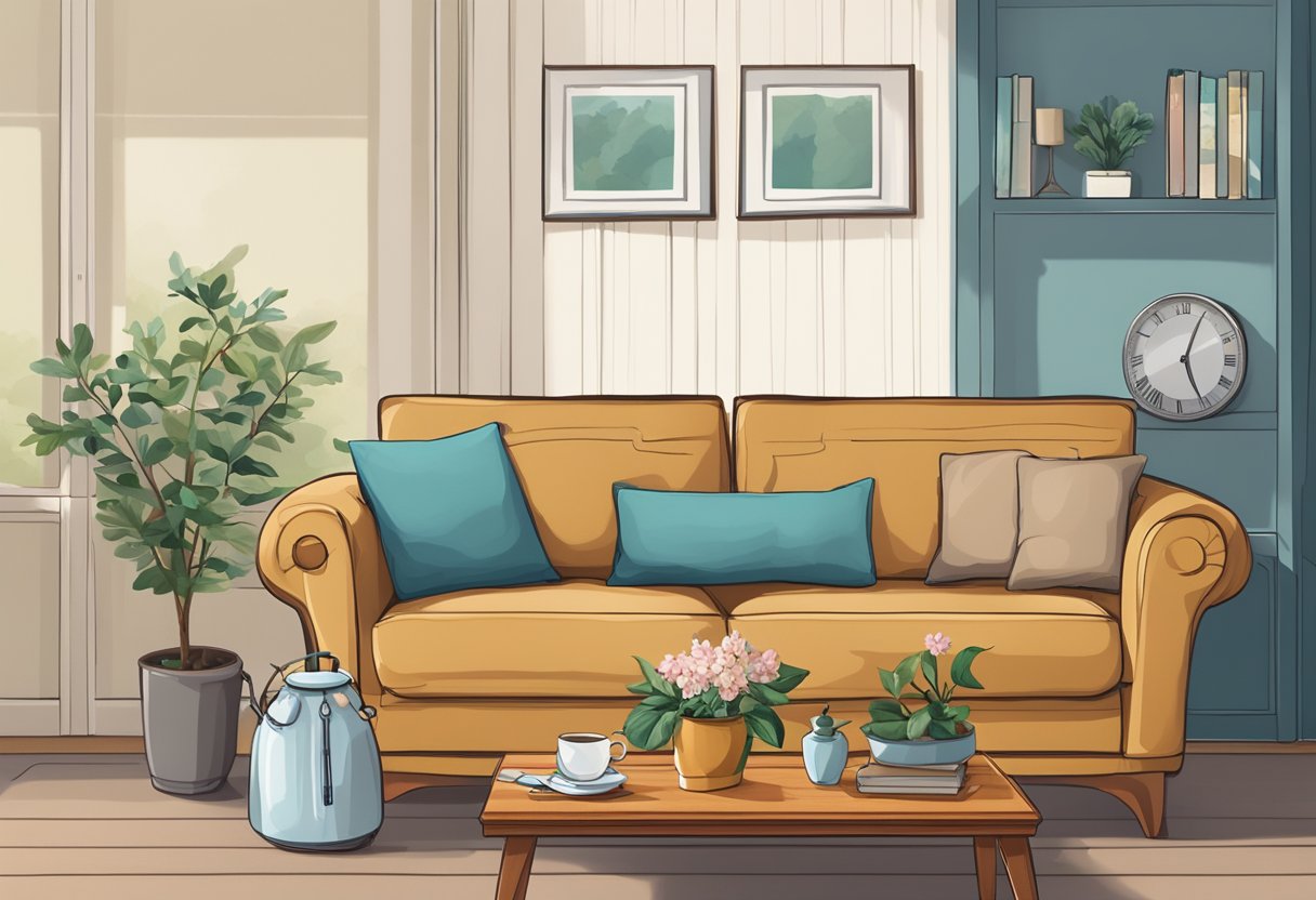 Uma sala de estar aconchegante com um sofá confortável e uma mesa pequena decorada com uma bandeja de chá e um vaso de flores frescas. Uma mala de médico está sobre a mesa, pronta para uma visita domiciliar em Curitiba.