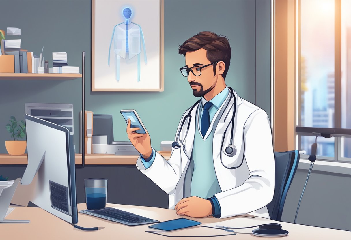 Um médico de jaleco branco consulta um paciente por videochamada em um computador, com equipamentos médicos e um estetoscópio nas proximidades.