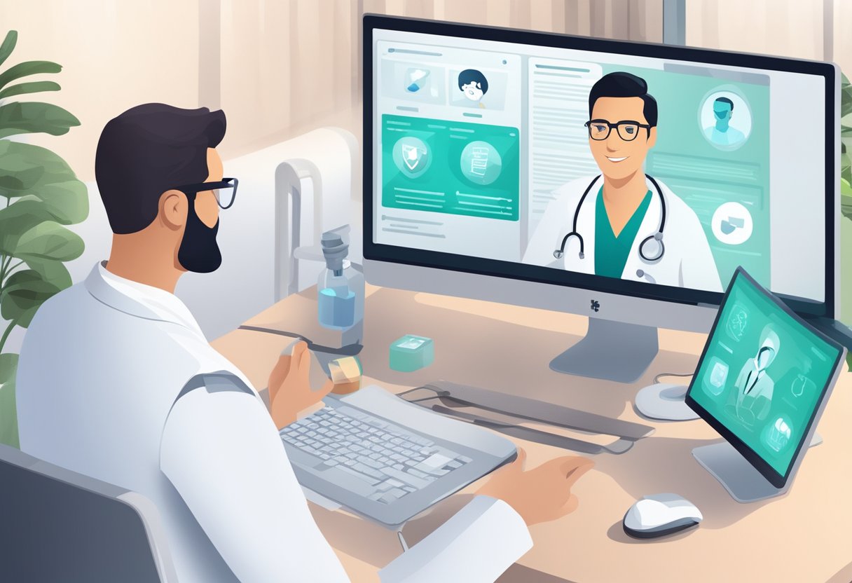 Uma tela de computador exibindo uma consulta médica virtual com um médico em Curitiba