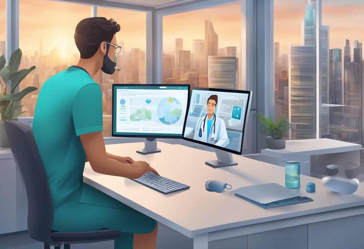 Uma tela de computador exibindo uma consulta virtual entre um médico e um paciente, com equipamentos médicos e uma paisagem urbana ao fundo