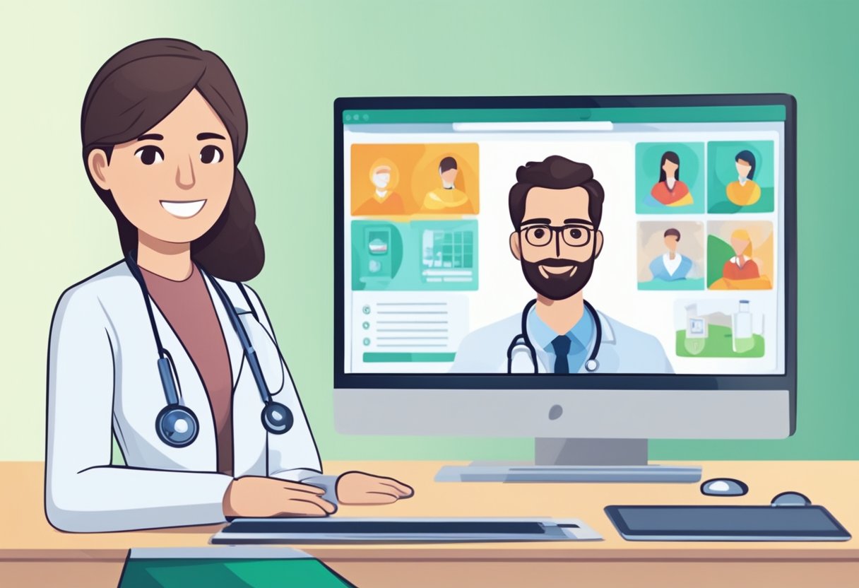 Uma tela de computador exibindo uma consulta médica online com um médico em Curitiba, Brasil