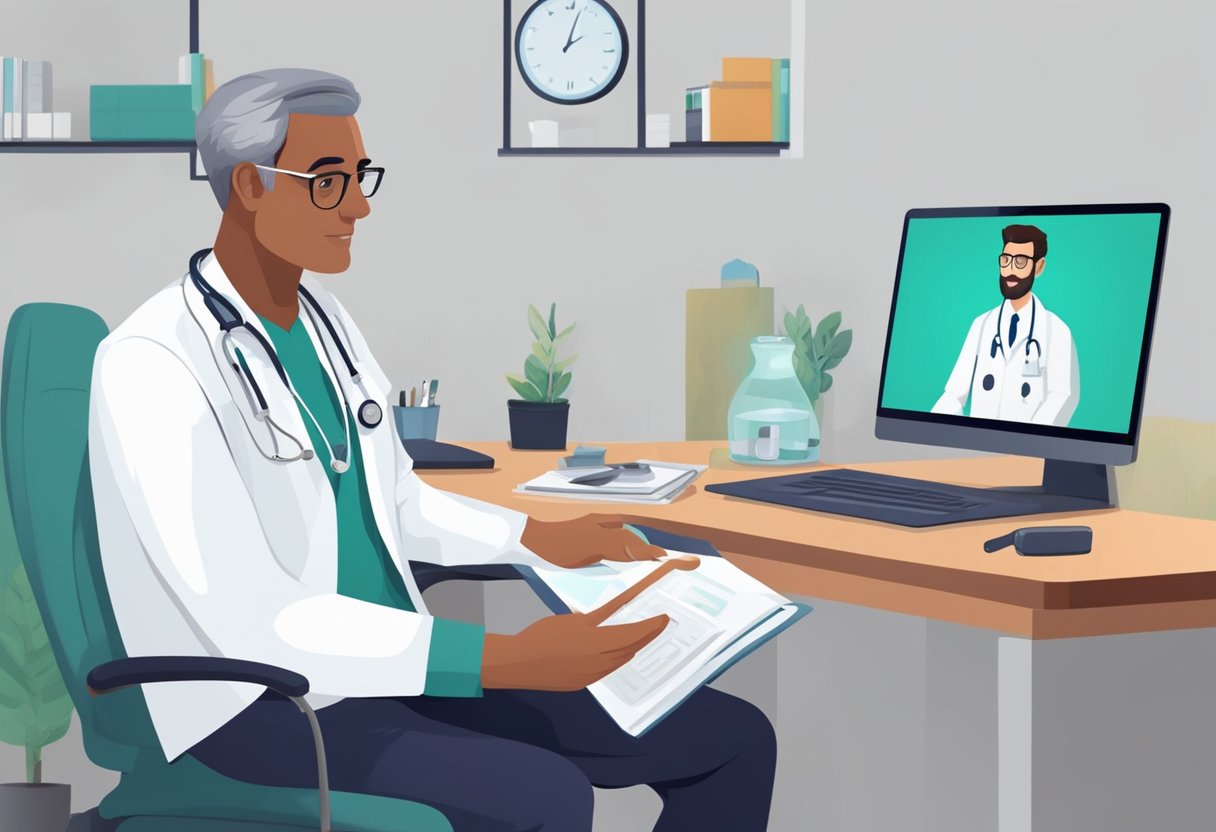 Um médico em uma consulta online com um paciente, ambos localizados em Curitiba, Brasil. O médico está ouvindo atentamente e fornecendo conselhos médicos.