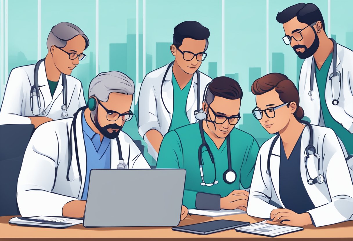 Um grupo de médicos participando de uma sessão de treinamento médico online, com laptops e tablets abertos, engajados em discussão e aprendizado.