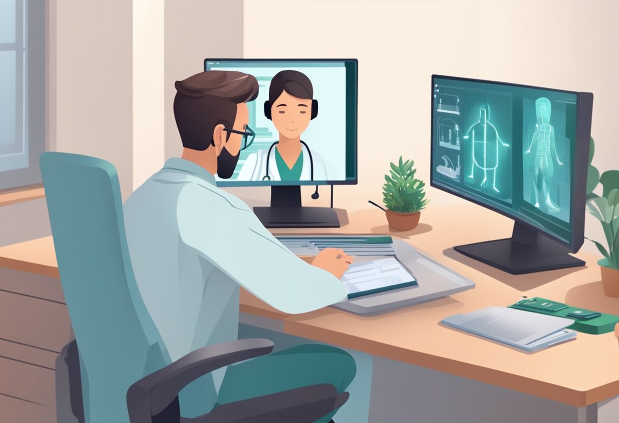 Um médico sentado em uma mesa com um computador, consultando um paciente em uma videochamada. Equipamentos médicos e um ambiente confortável.
