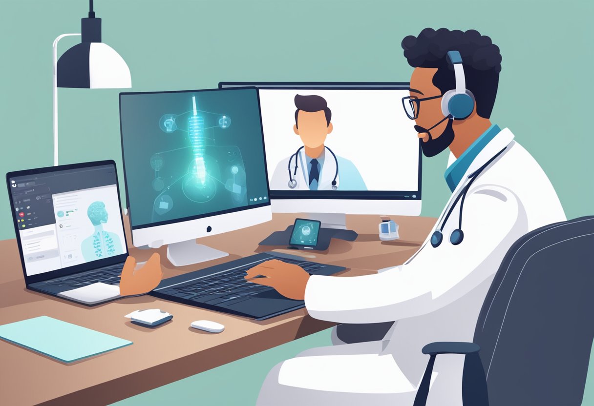 Uma pessoa sentada em uma mesa com um computador, fazendo uma videochamada com um médico em uma plataforma de saúde virtual.