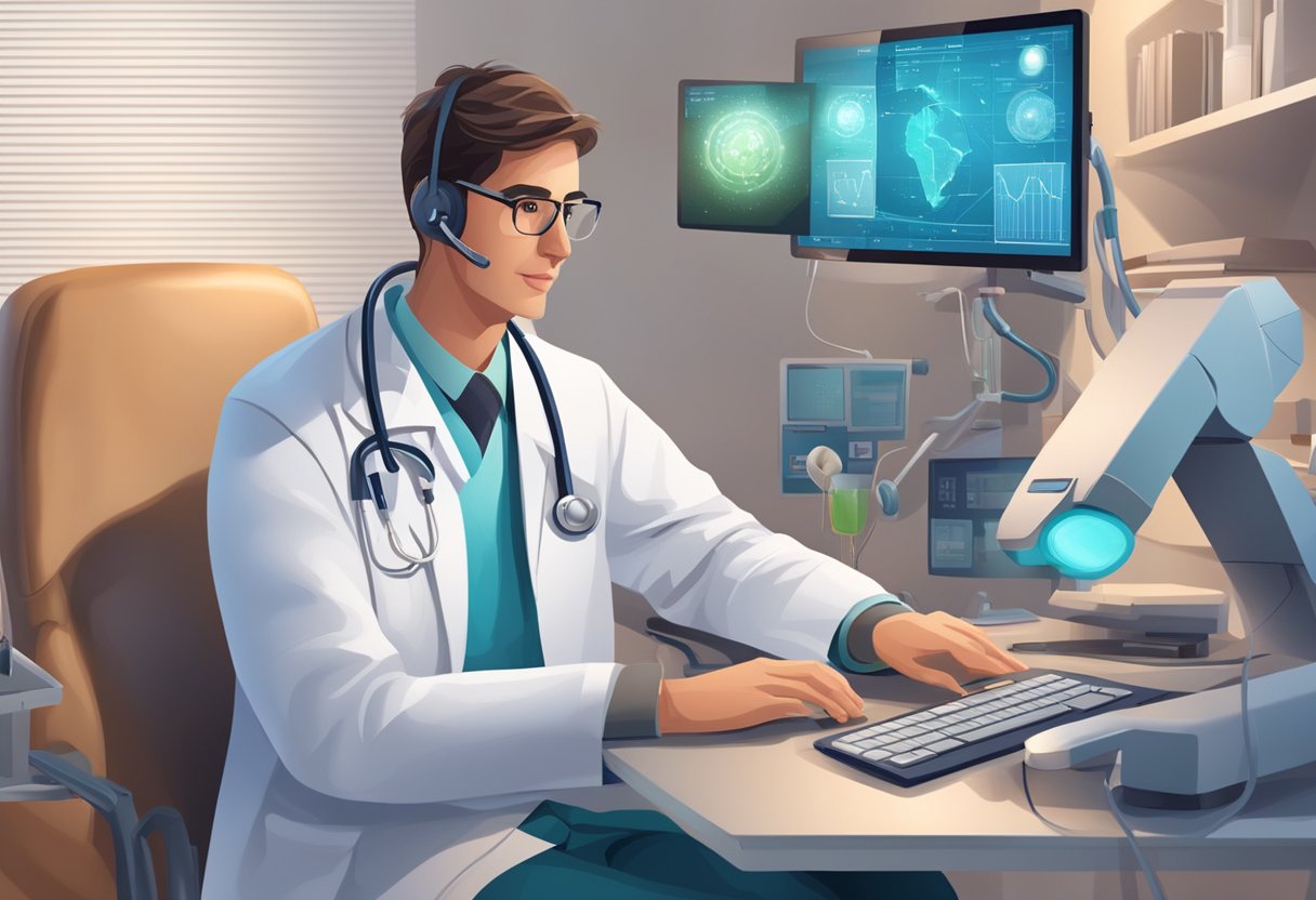 Um médico usando um computador para fornecer atendimento médico remotamente, com vários equipamentos médicos e um ambiente confortável.