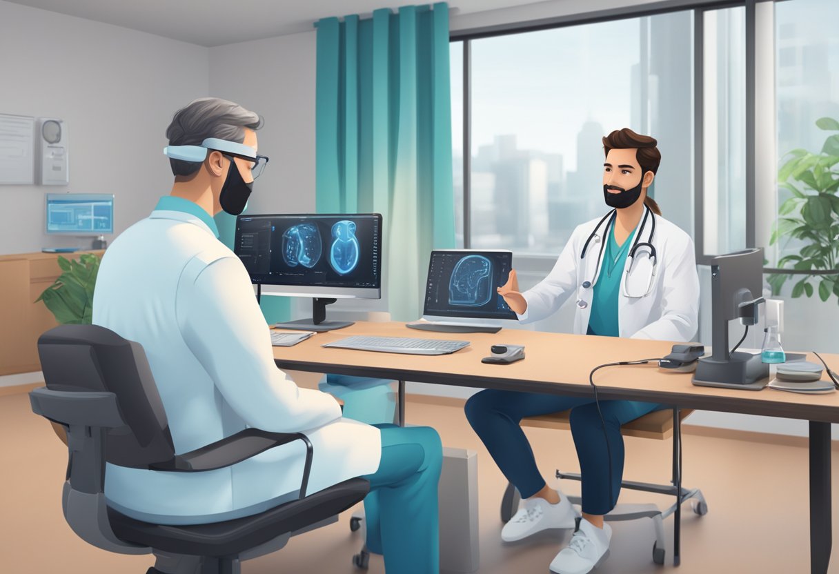 Um médico e um paciente participam de uma consulta virtual, com equipamentos e tecnologia médica visíveis ao fundo.