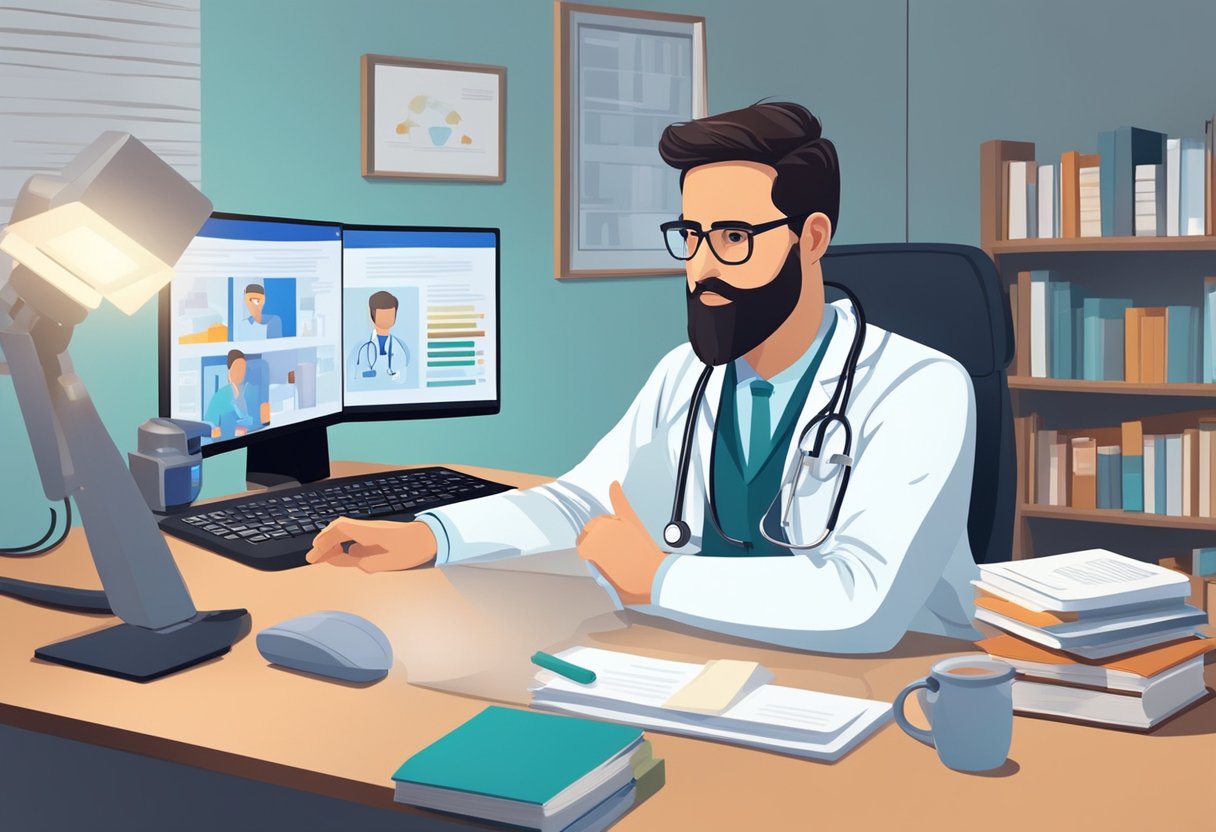 Um médico sentado em uma mesa com um computador, conversando com um paciente via videochamada. Equipamentos médicos e livros são visíveis ao fundo.