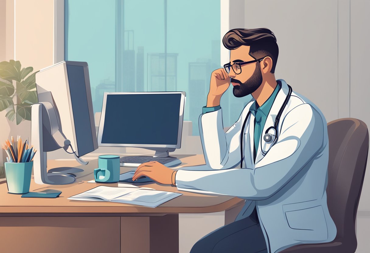 Uma pessoa sentada em uma mesa com um computador, falando com um médico em uma videochamada. O médico está ouvindo atentamente e anotando.
