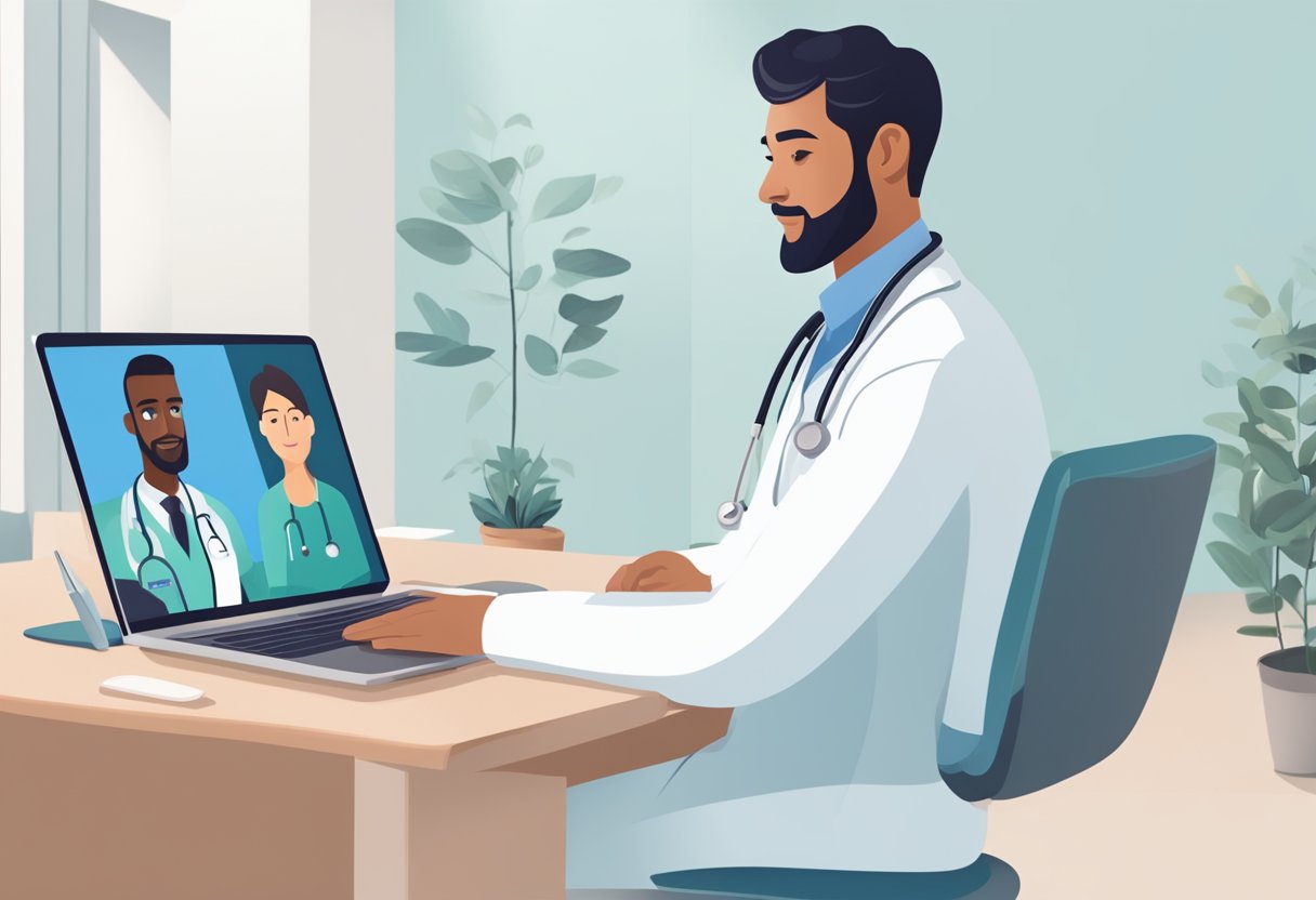 Um médico realizando uma consulta virtual com um paciente, ambos parecendo confiantes e engajados, com uma plataforma de telemedicina segura e confiável ao fundo.
