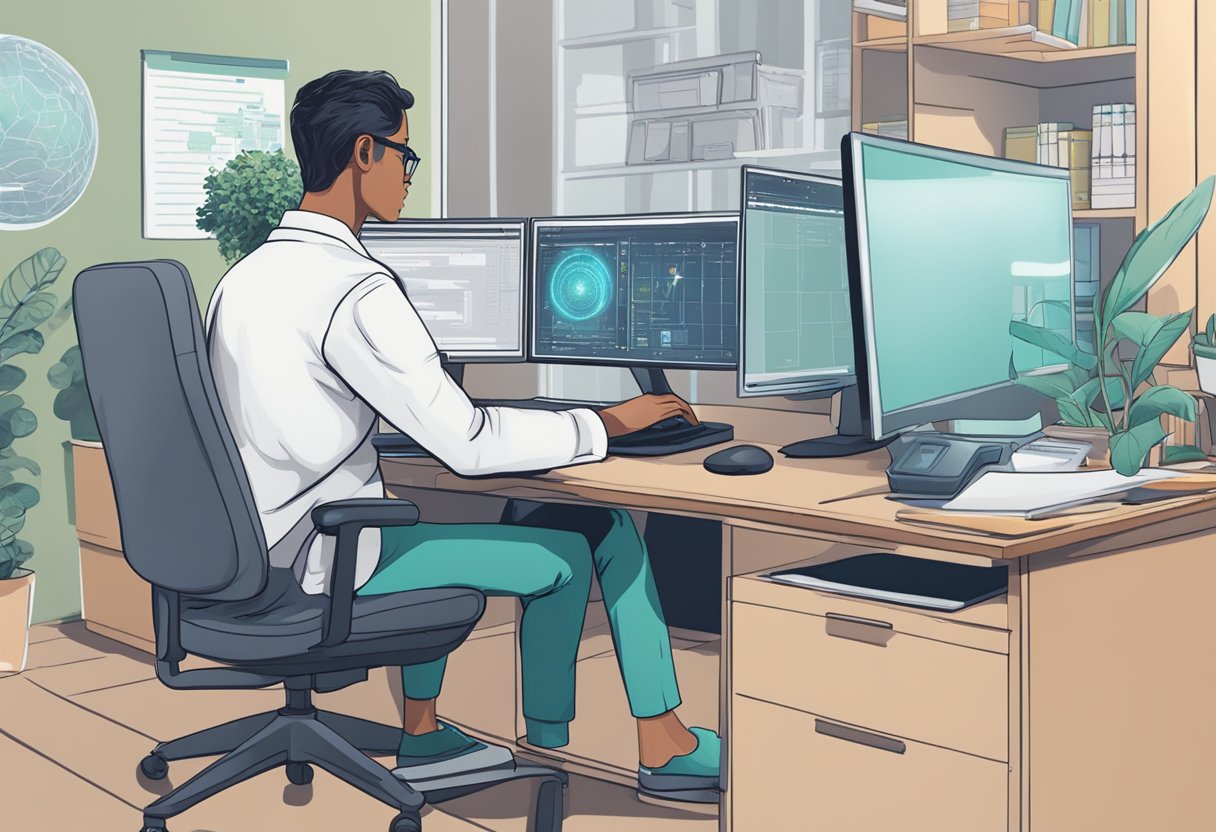 Uma pessoa sentada em um computador com uma expressão séria, digitando e interagindo com um médico virtual na tela.