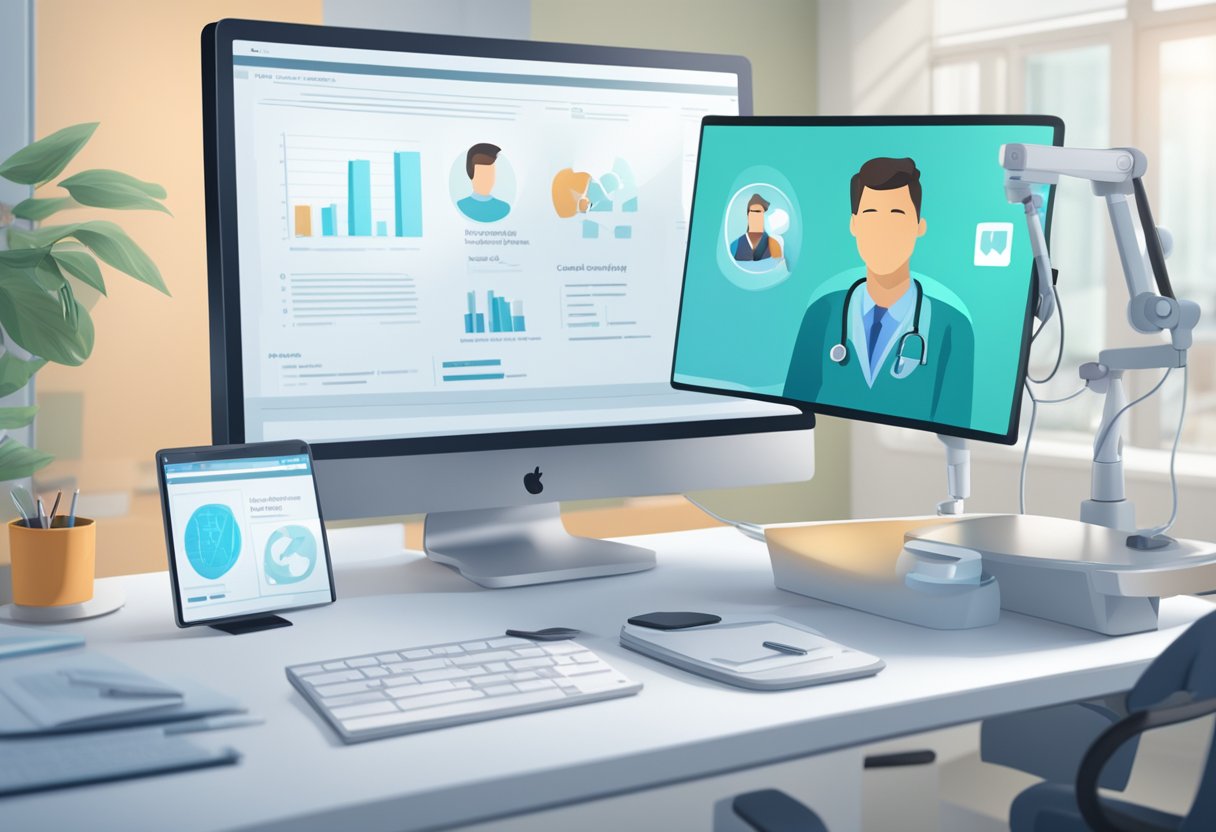 Uma tela de computador exibindo uma consulta virtual entre um paciente e um médico generalista, com equipamentos médicos e uma mesa ao fundo.