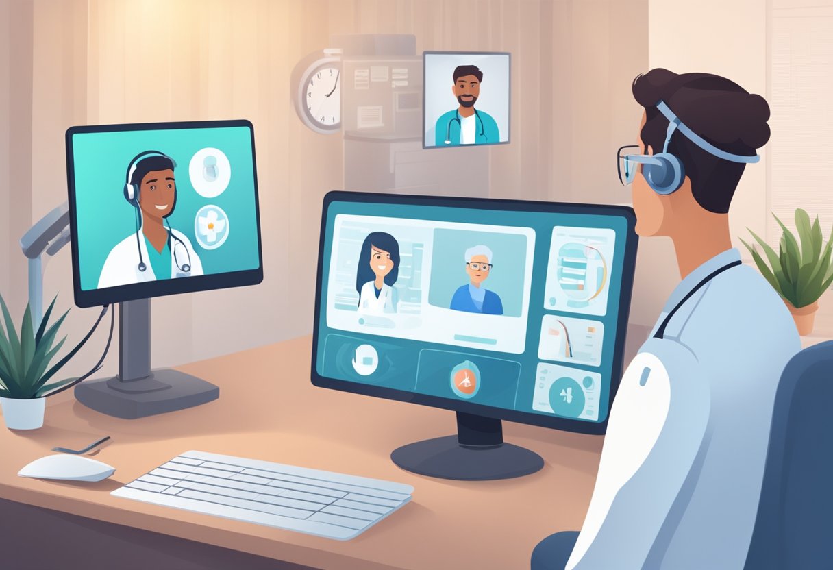 Uma tela de computador exibindo uma consulta virtual entre um clínico e um paciente, com equipamentos médicos e um ambiente confortável ao fundo