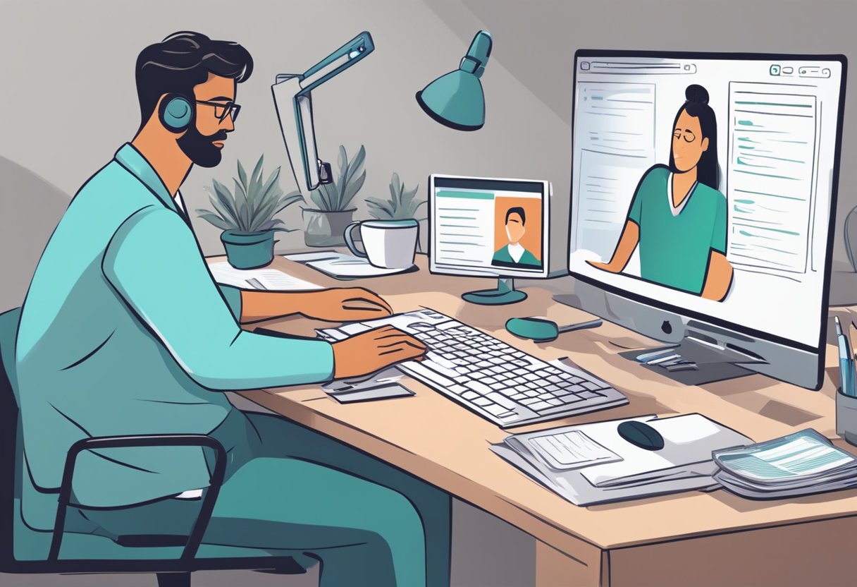 Uma pessoa sentada em um computador, conversando com um médico por videochamada, com uma lista de sintomas e queixas escrita em um bloco de notas.