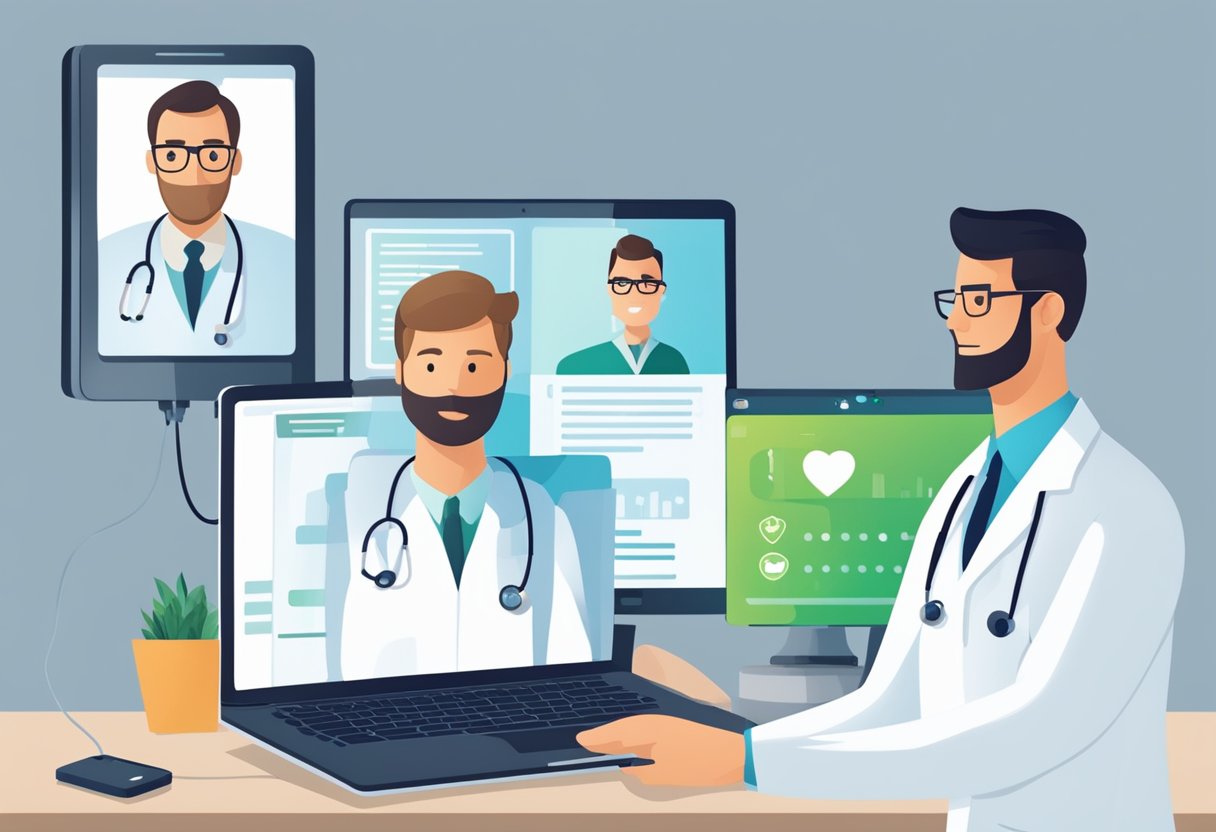Um médico realizando uma consulta de telemedicina com um paciente usando um plano de saúde, ambos aparecendo na tela de um computador ou smartphone.