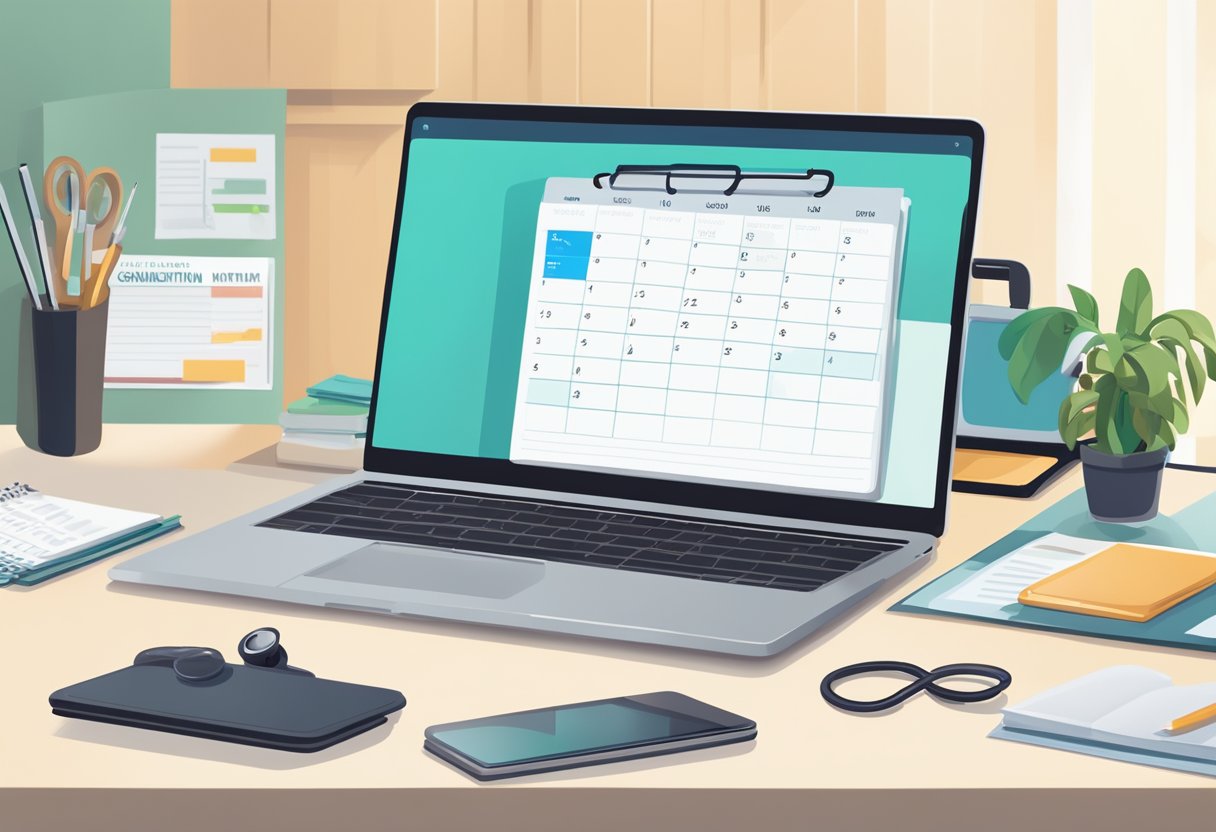 Um laptop aberto em uma mesa, com um estetoscópio pendurado sobre ele e um calendário mostrando uma consulta online agendada com um clínico geral.