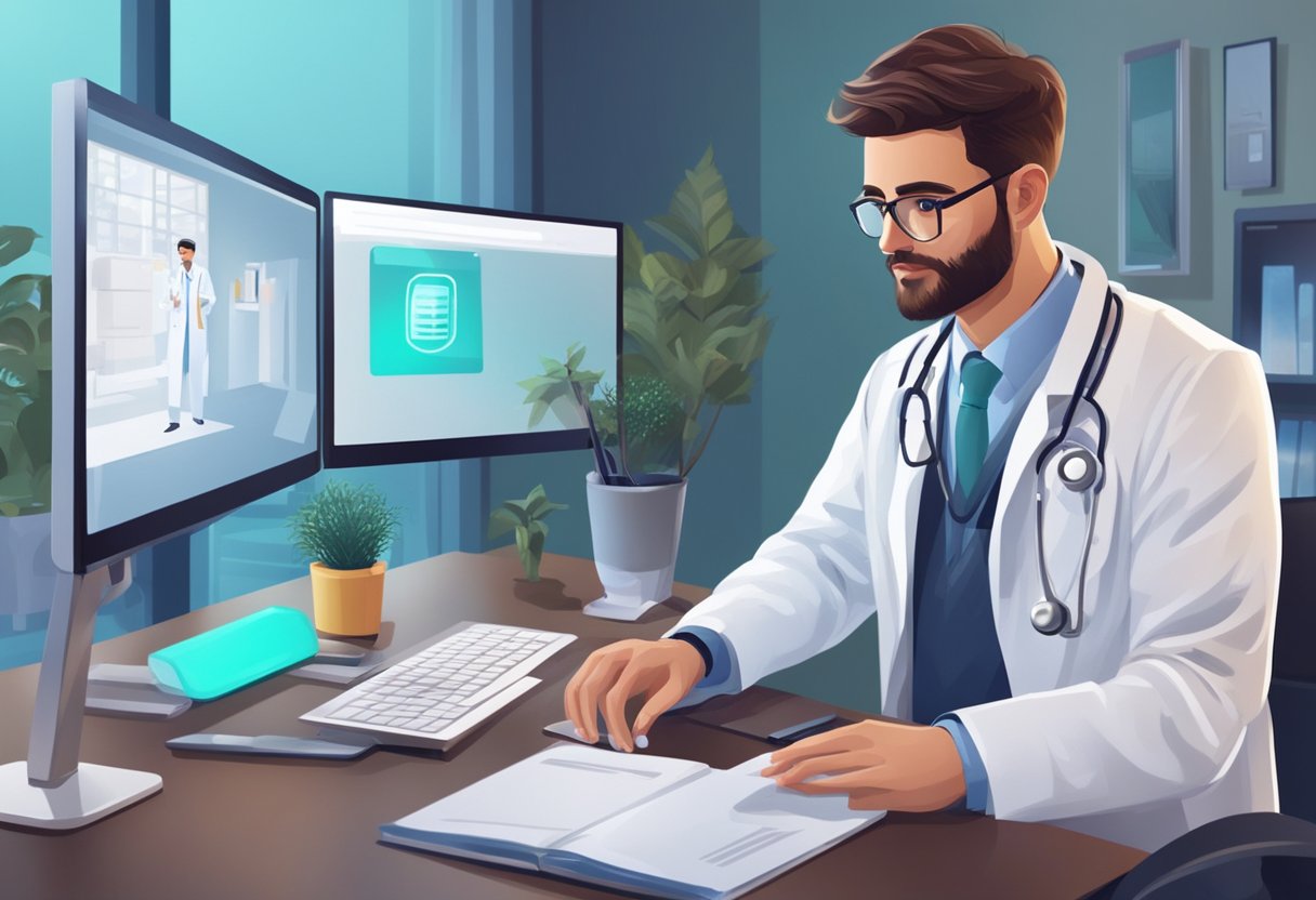 Um médico em um jaleco branco está sentado em uma mesa com um computador, consultando um paciente por meio de uma videochamada. Equipamentos médicos e um estetoscópio são visíveis ao fundo.