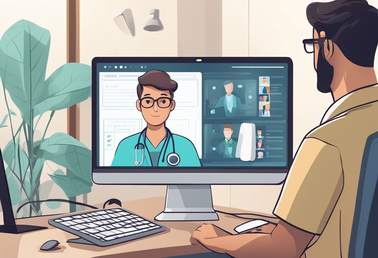 Uma pessoa sentada em um computador, conversando com um médico em uma videochamada. O médico está ouvindo atentamente e oferecendo conselhos médicos.
