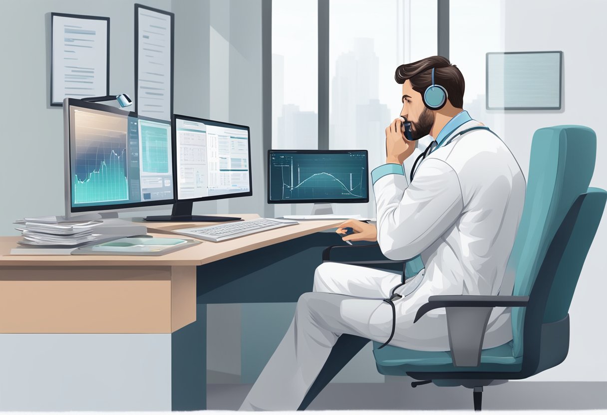 Um médico sentado em uma mesa com um computador, falando ao telefone enquanto olha para os prontuários médicos na tela.