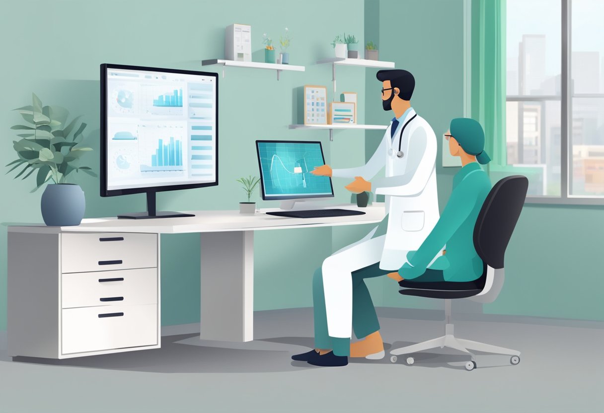 Um médico e um paciente participam de uma consulta virtual, com equipamentos médicos e uma tela de computador exibindo a consulta online.
