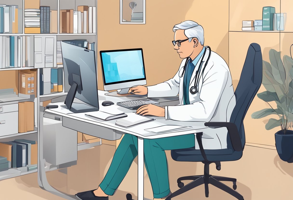Um médico sentado em uma mesa com um computador, conversando com um paciente em uma videochamada. Equipamentos médicos e livros são visíveis ao fundo.