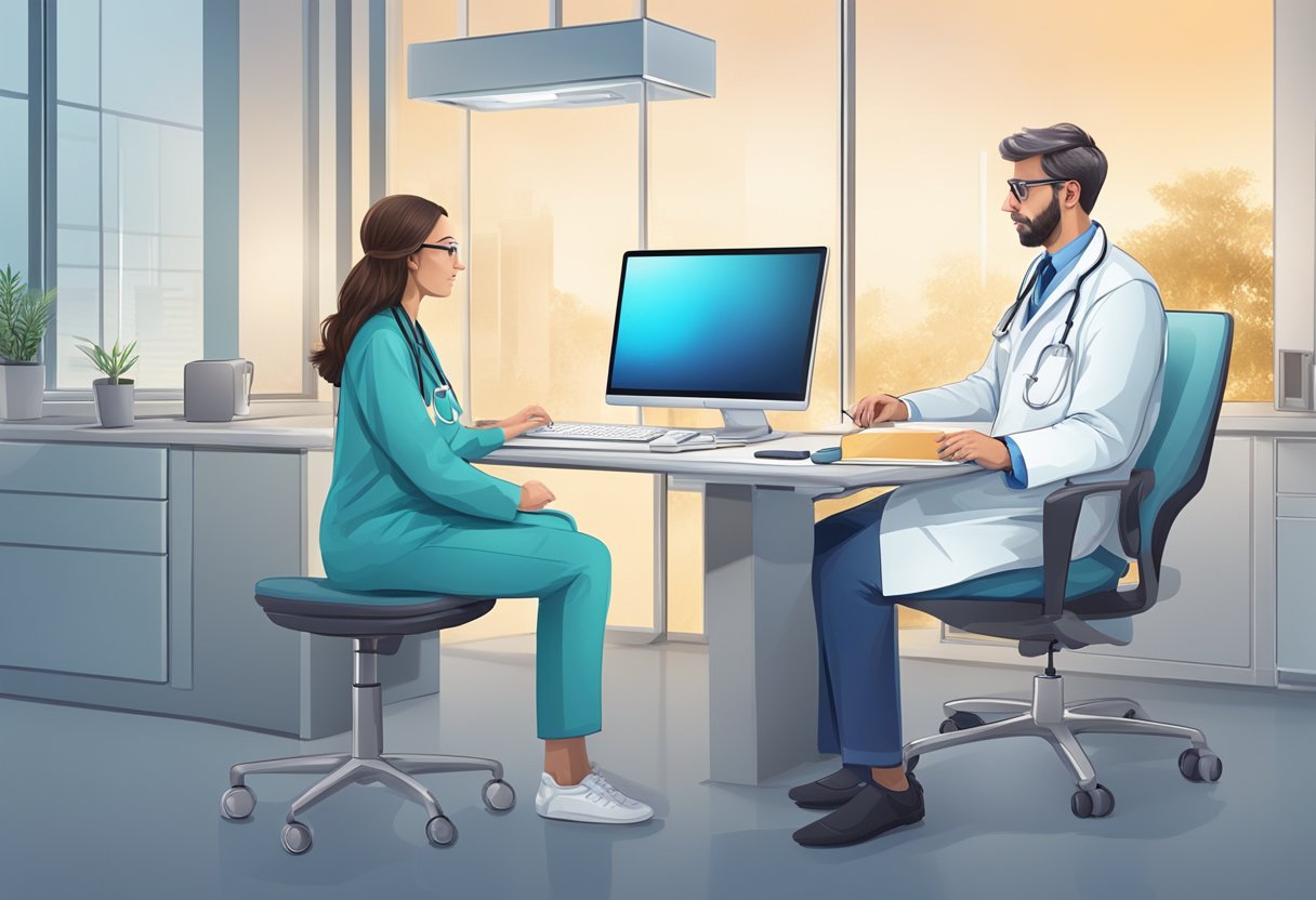 Um médico sentado em uma mesa com um computador e um paciente sentado em frente a uma tela, ambos envolvidos em uma consulta médica.
