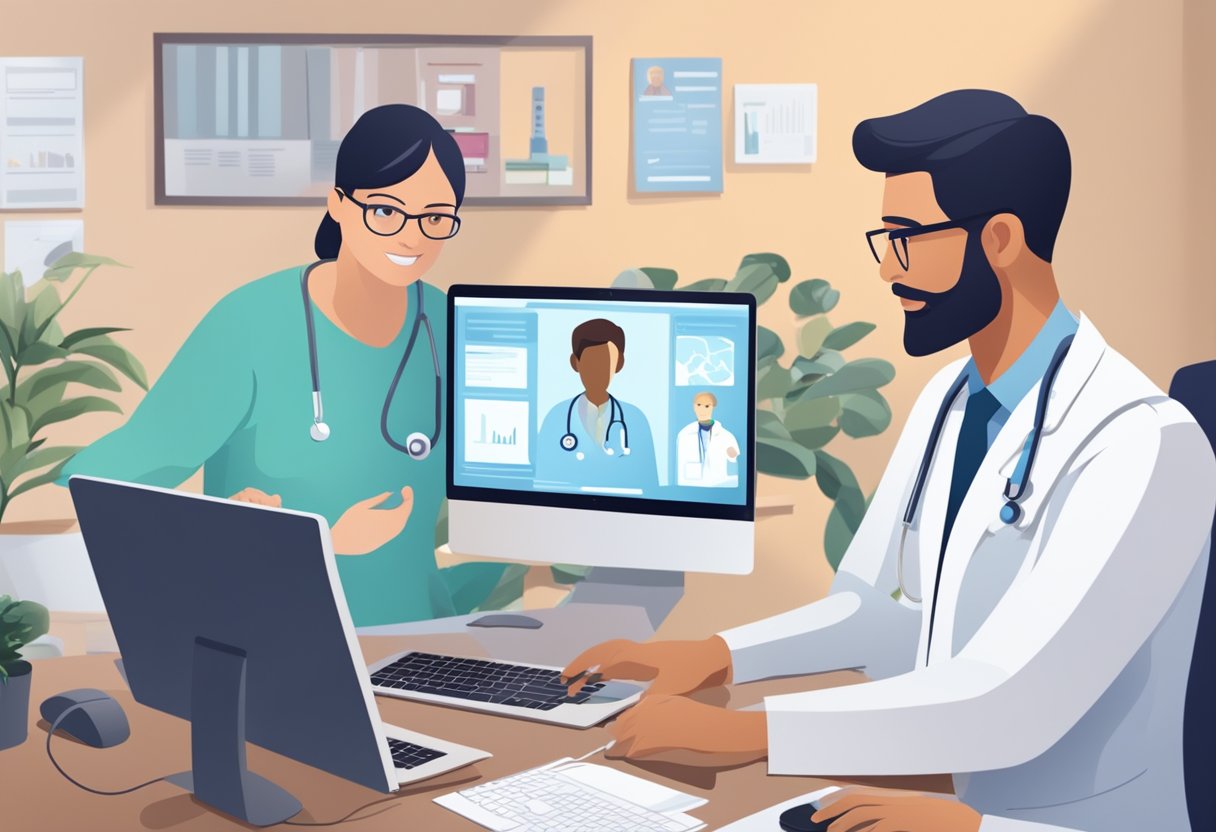 Uma tela de computador exibindo uma consulta médica virtual, com um médico e um paciente interagindo por meio de videochamada. Equipamentos médicos e documentos são visíveis ao fundo.