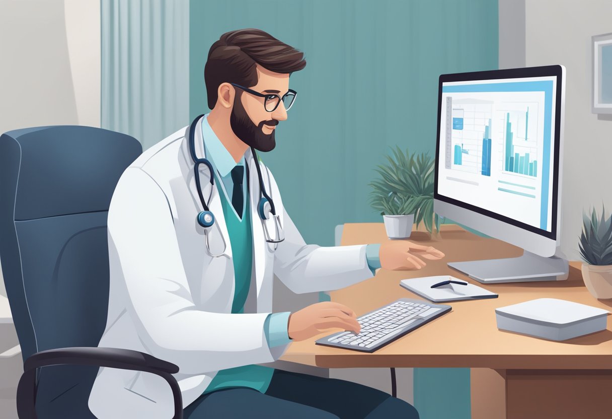 Um médico sentado em uma mesa com um computador, falando com um paciente em uma videochamada.