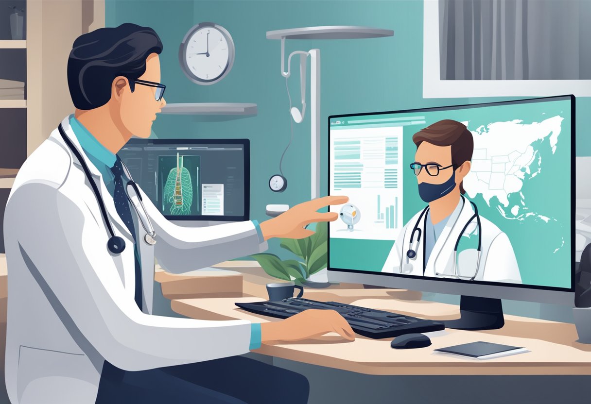 Um médico na tela do computador, consultando um paciente