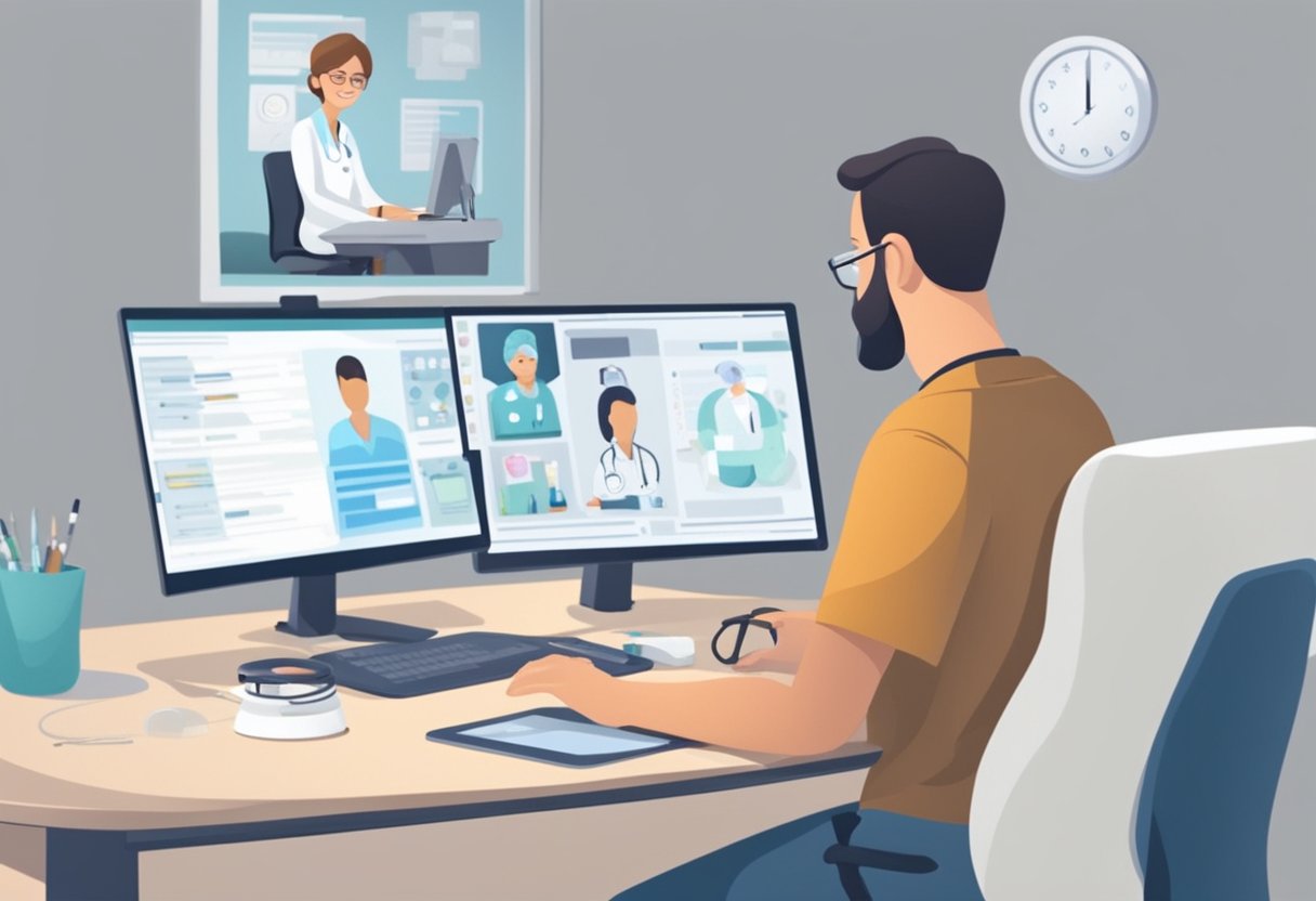 Um paciente está sentado em um computador, fazendo uma videochamada com um médico. Equipamentos médicos e uma receita estão visíveis na mesa.