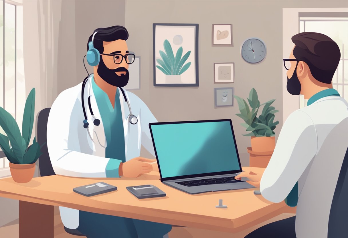 Um médico sentado em um computador, interagindo com um paciente em uma chamada de vídeo. Uma consulta médica virtual ocorrendo em um ambiente aconchegante de home office.