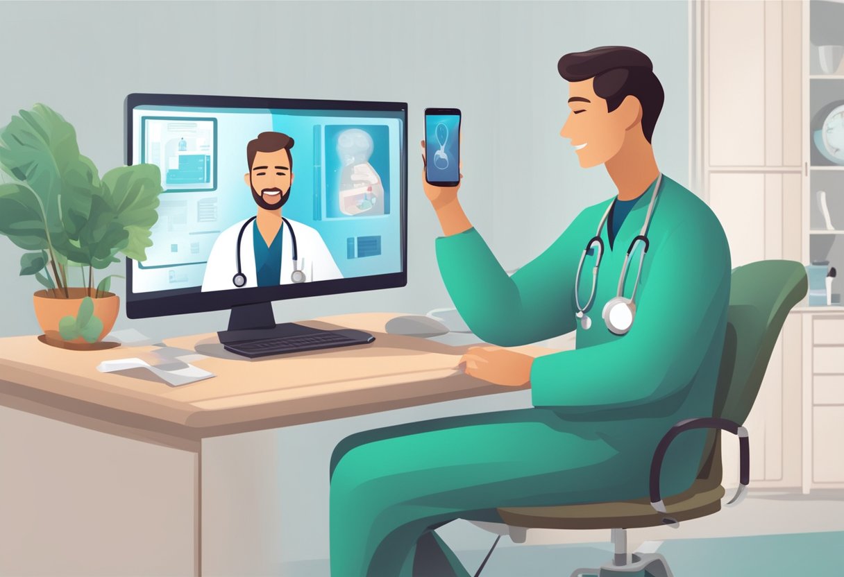 Um médico e um paciente participando de uma consulta médica virtual através de um computador ou smartphone.