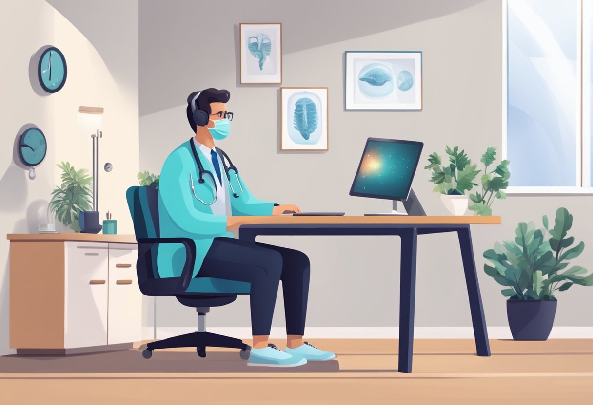 Um médico sentado em uma mesa com um computador, conversando com um paciente em uma videochamada. Equipamentos médicos e um ambiente confortável criam uma atmosfera profissional e acolhedora.