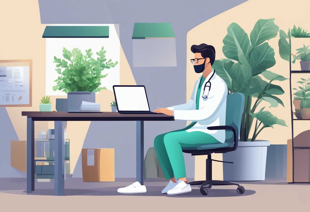 Um médico sentado em uma mesa com um computador, consultando um paciente por videochamada. Equipamentos médicos e uma planta ao fundo.