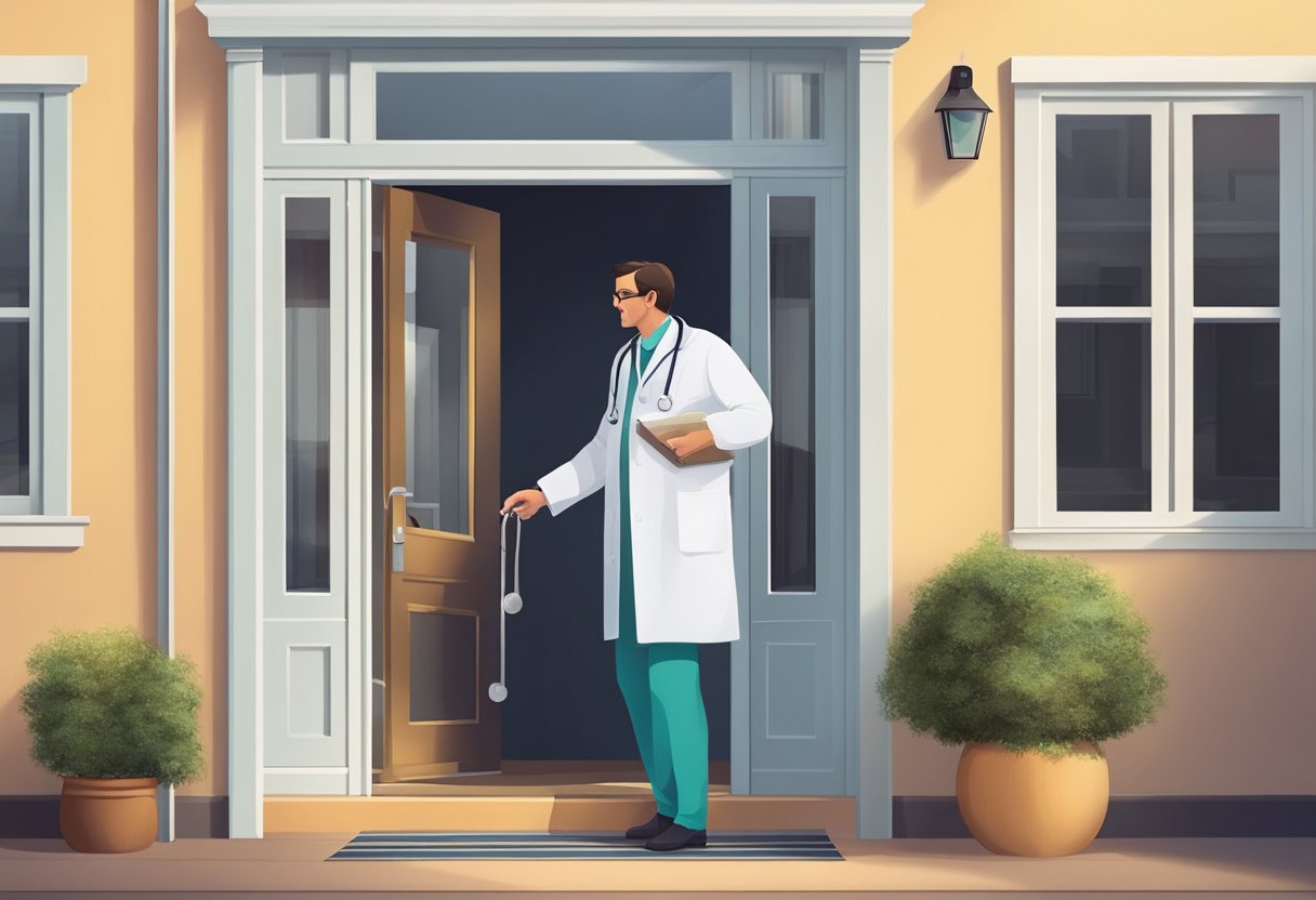 Um médico fazendo uma visita domiciliar, carregando uma maleta médica, parado na porta de uma casa aconchegante, pronto para fornecer atendimento médico.