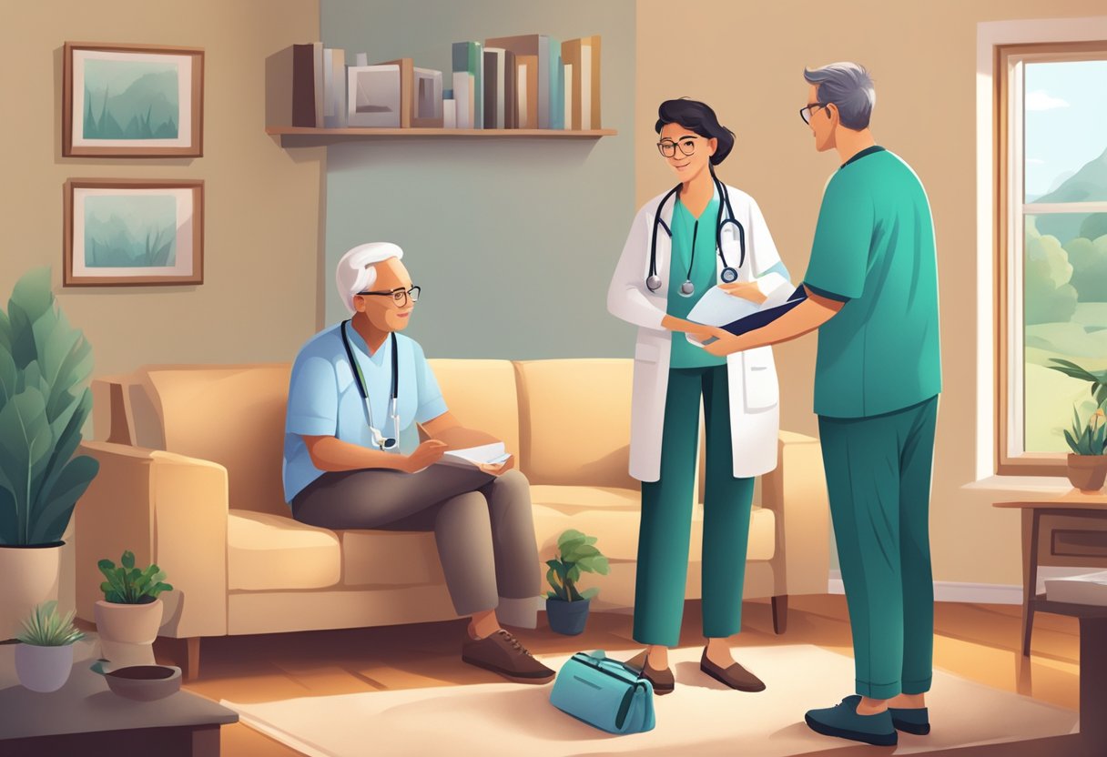 Um médico fazendo uma visita domiciliar, carregando uma maleta médica e conversando com um paciente em um ambiente aconchegante de sala de estar.