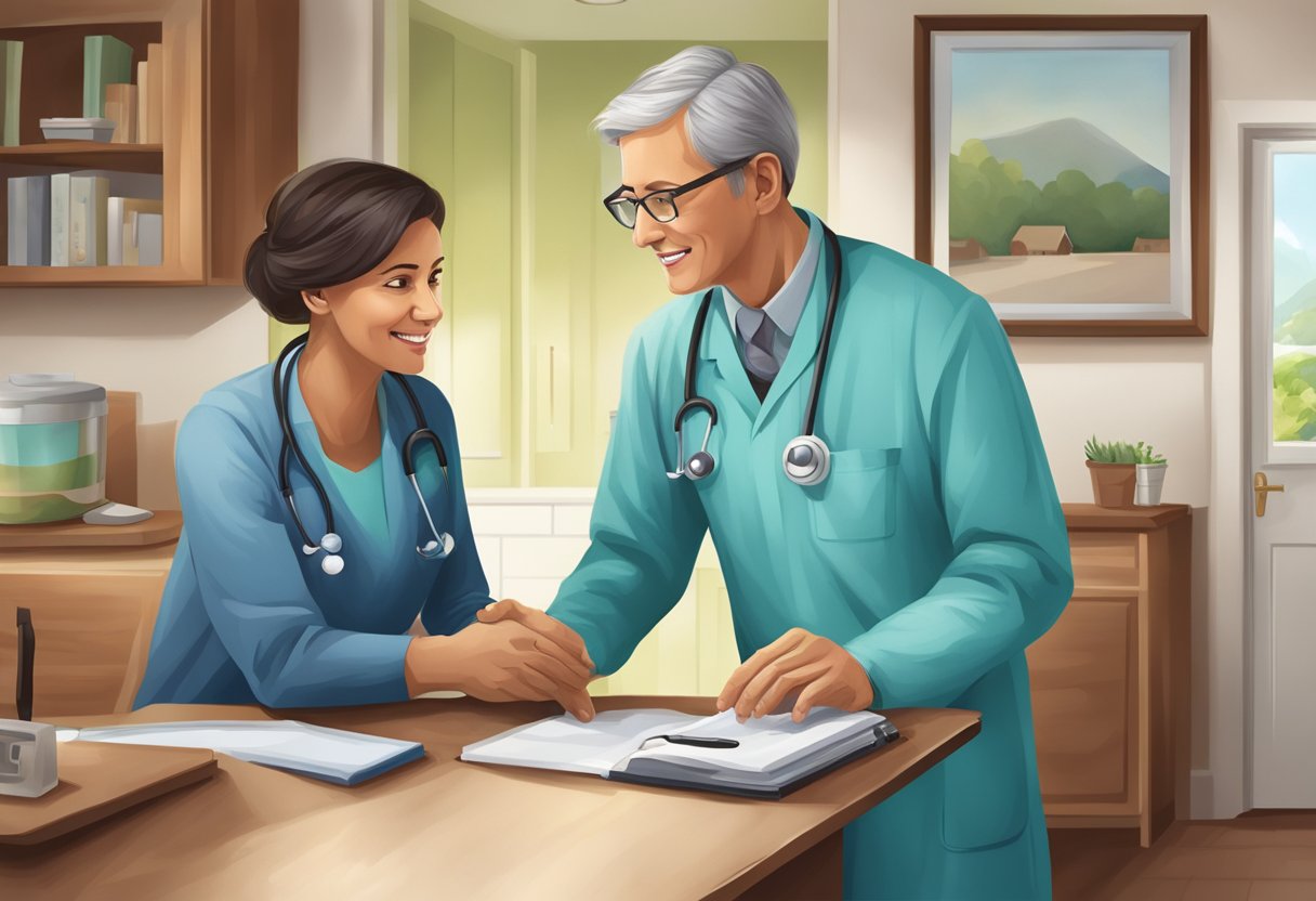 Um médico fazendo uma visita domiciliar, carregando uma mala médica e conversando com um paciente em sua casa
