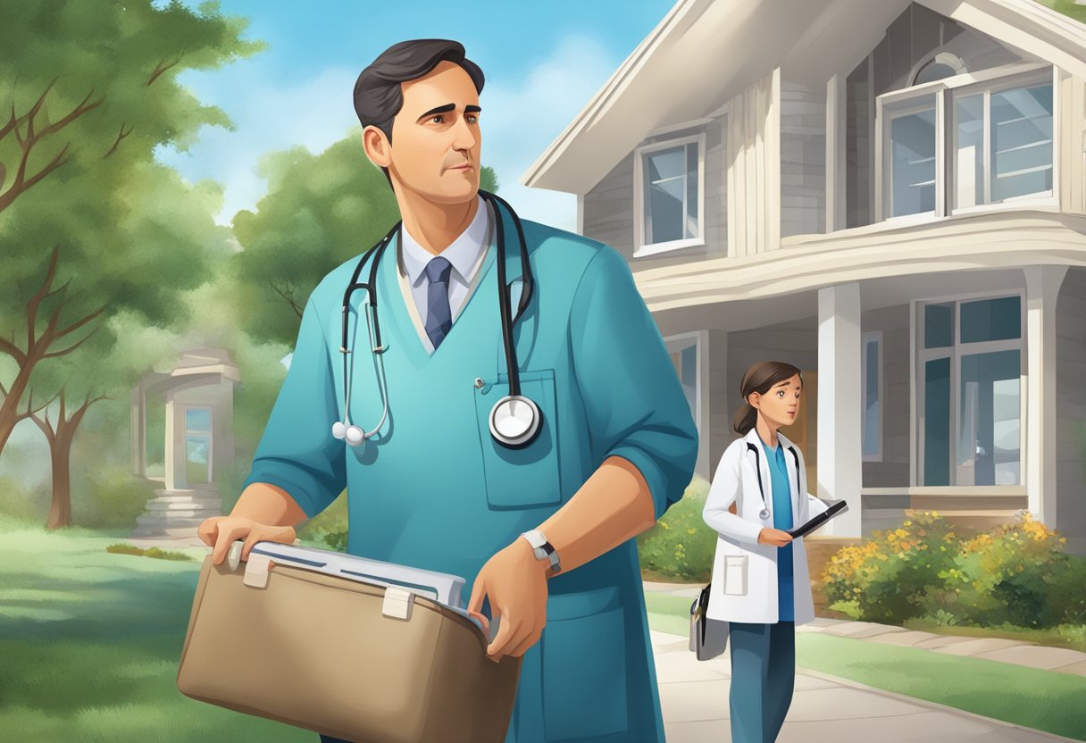 Um médico fazendo uma visita domiciliar, carregando uma maleta médica, enquanto um paciente observa com uma expressão preocupada.