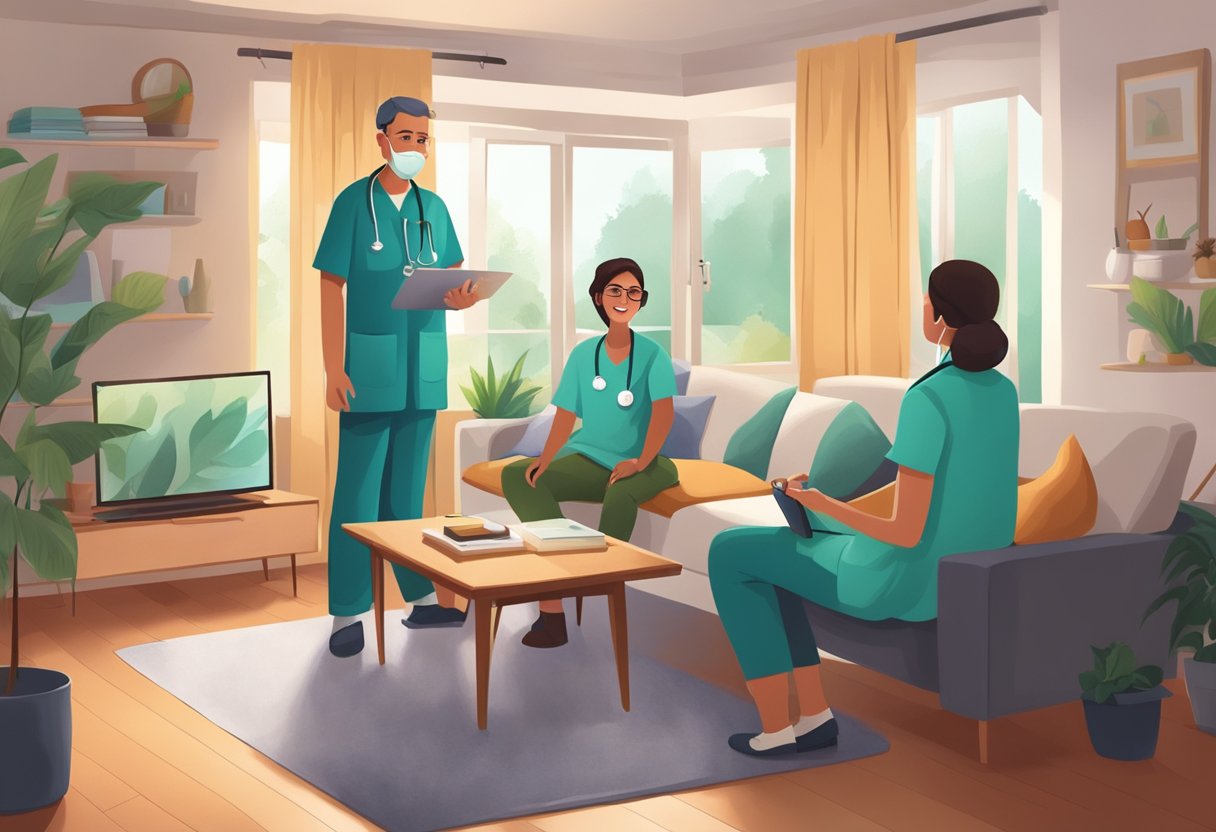 Um médico fazendo uma visita domiciliar, carregando uma maleta médica e conversando com um paciente em uma sala de estar aconchegante.