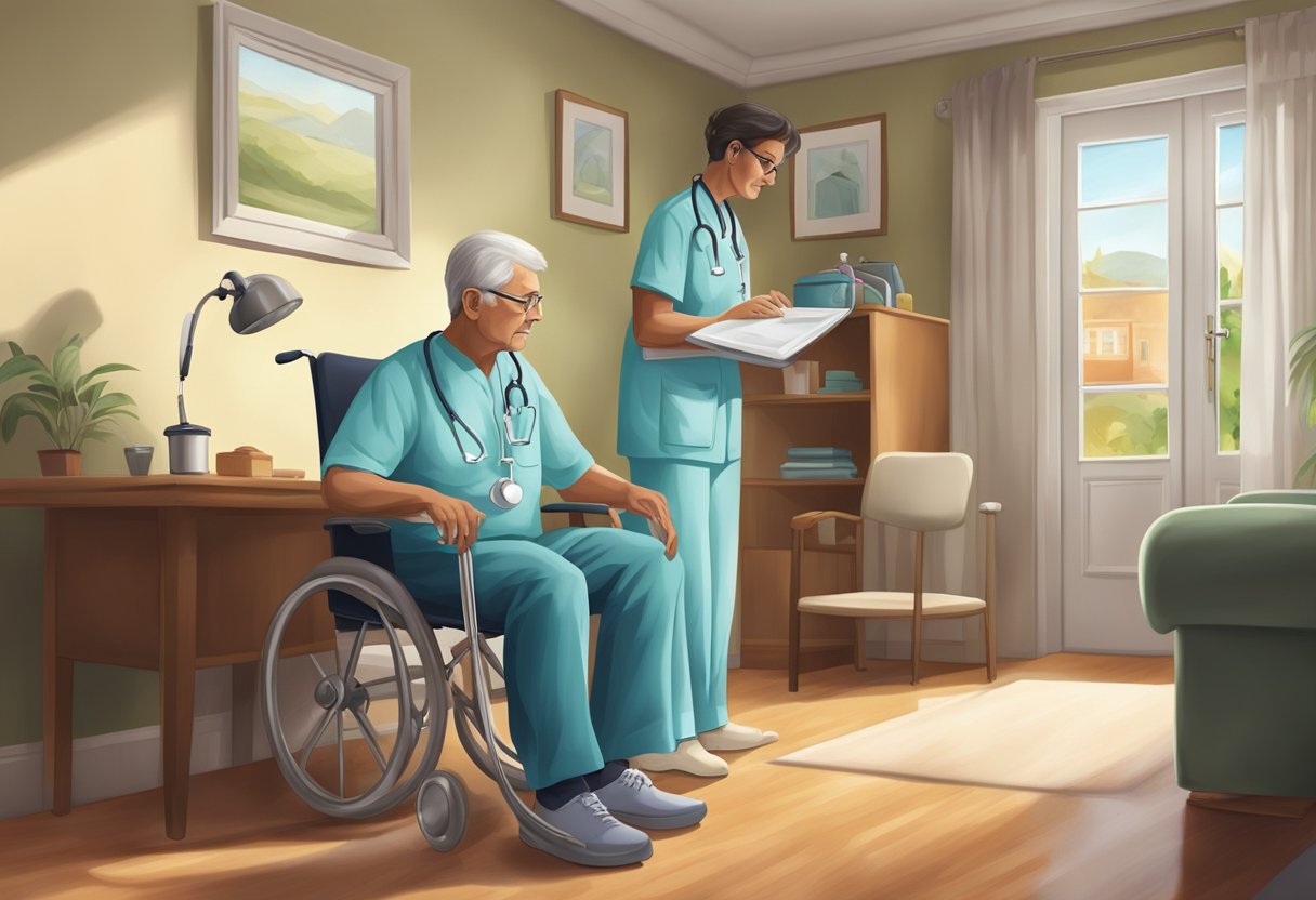 Um médico fazendo uma visita domiciliar, carregando uma bolsa médica e um estetoscópio, enquanto um paciente está confortavelmente em casa recebendo atendimento.