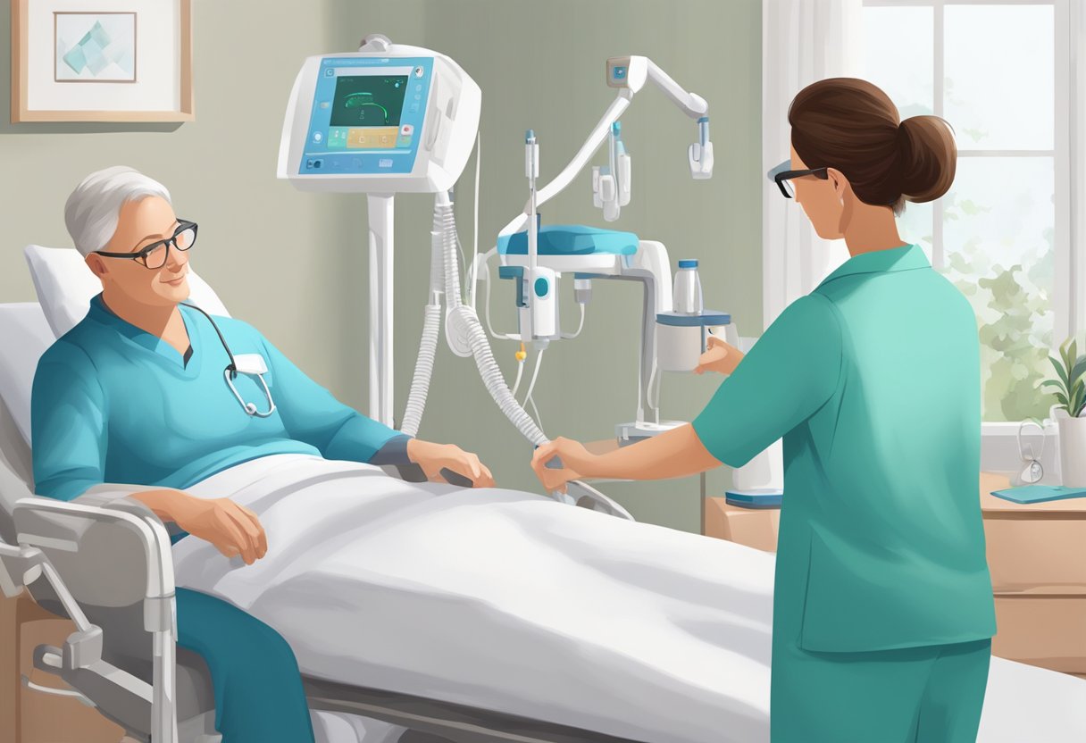 Um dispositivo médico moderno sendo utilizado em um ambiente doméstico, com um profissional de saúde fornecendo cuidados personalizados a um paciente.