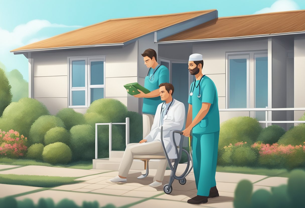 Um médico fazendo uma visita domiciliar a um paciente com doença crônica, carregando uma maleta médica e fornecendo cuidados especializados.