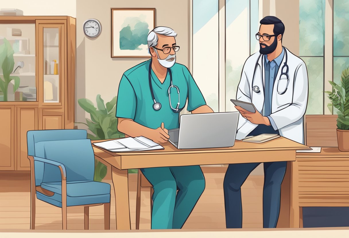 Um médico fazendo uma visita domiciliar a um paciente, com um representante de seguro de saúde discutindo opções de financiamento ao fundo.