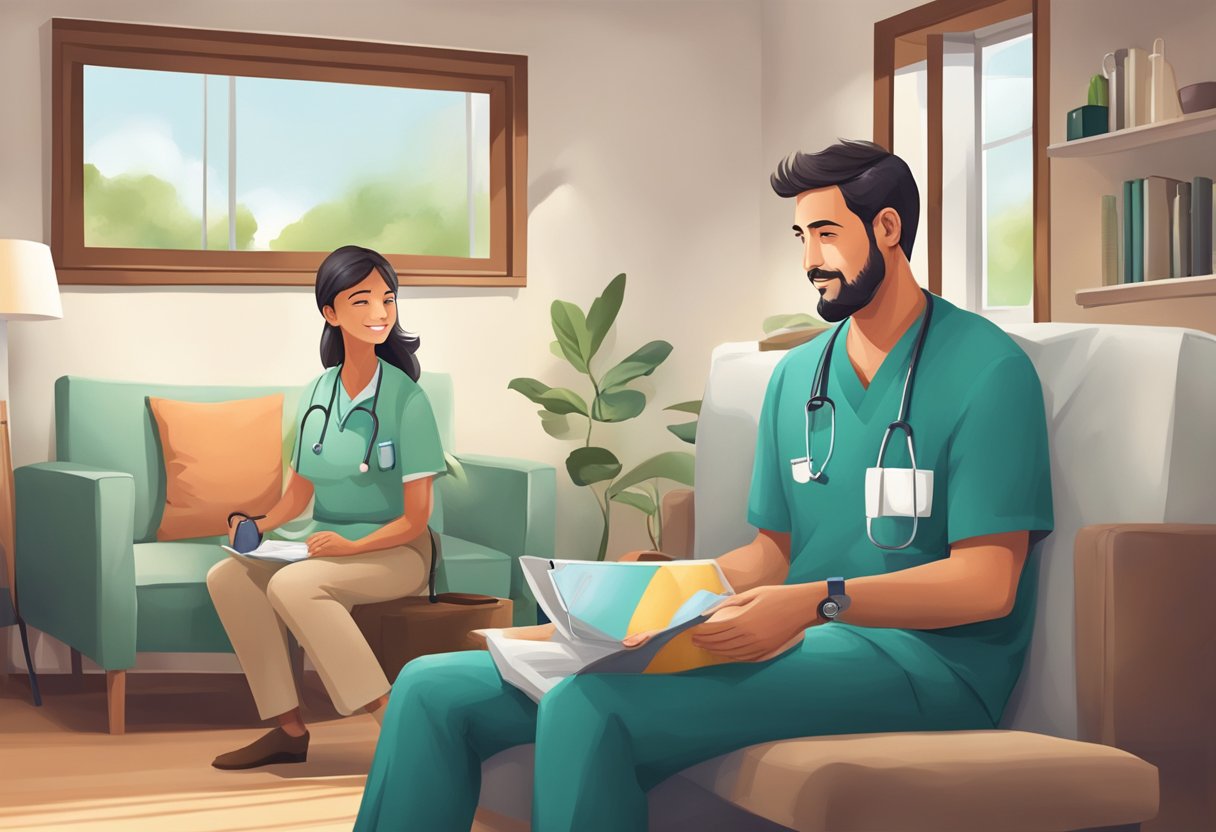 Um médico fazendo uma visita domiciliar, carregando uma mala médica e um estetoscópio, enquanto um paciente está confortável em sua sala de estar.