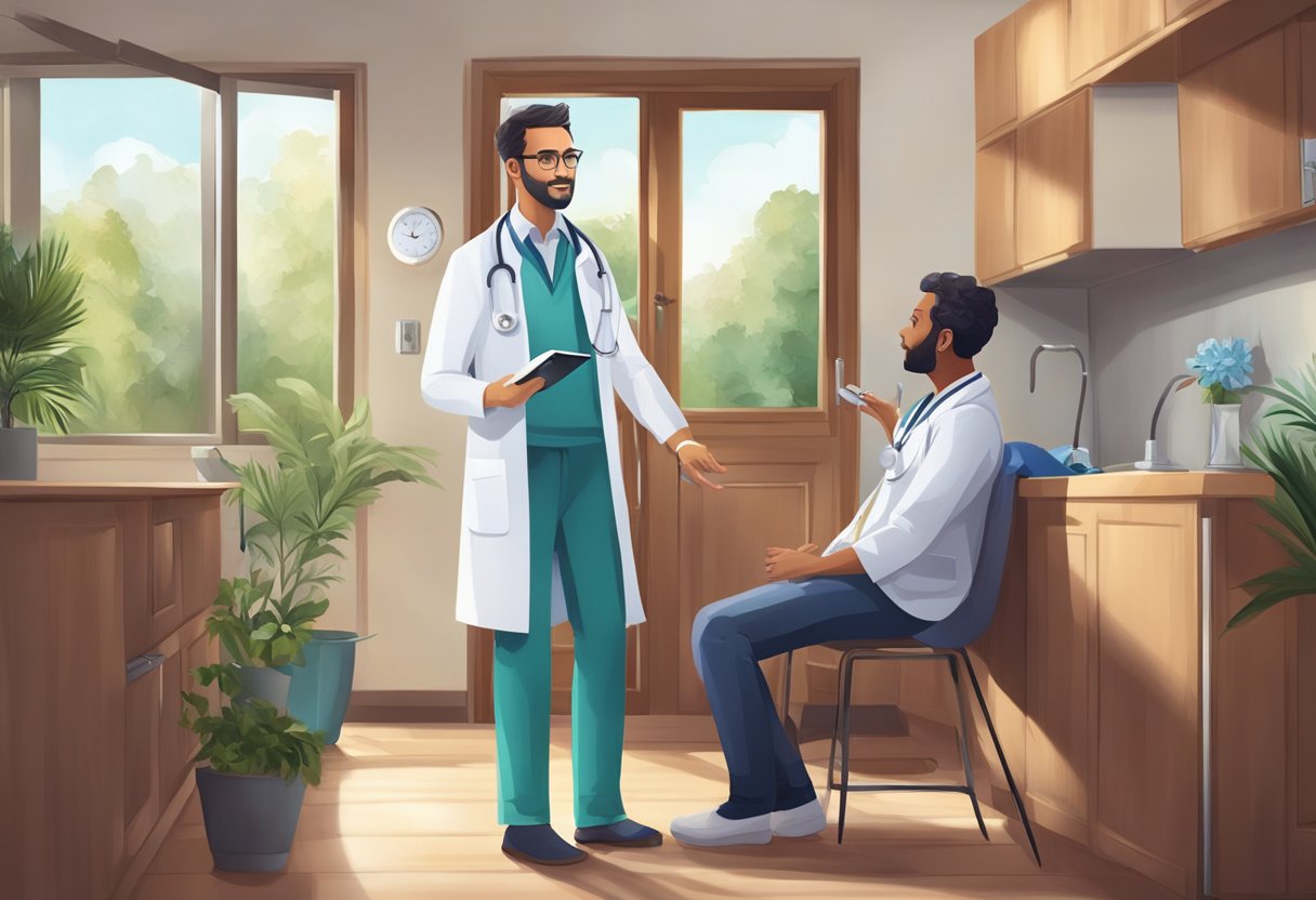 Um médico fazendo uma visita domiciliar, carregando uma bolsa médica e vestindo um jaleco branco, com um estetoscópio ao redor do pescoço, conversando com um paciente em sua casa.