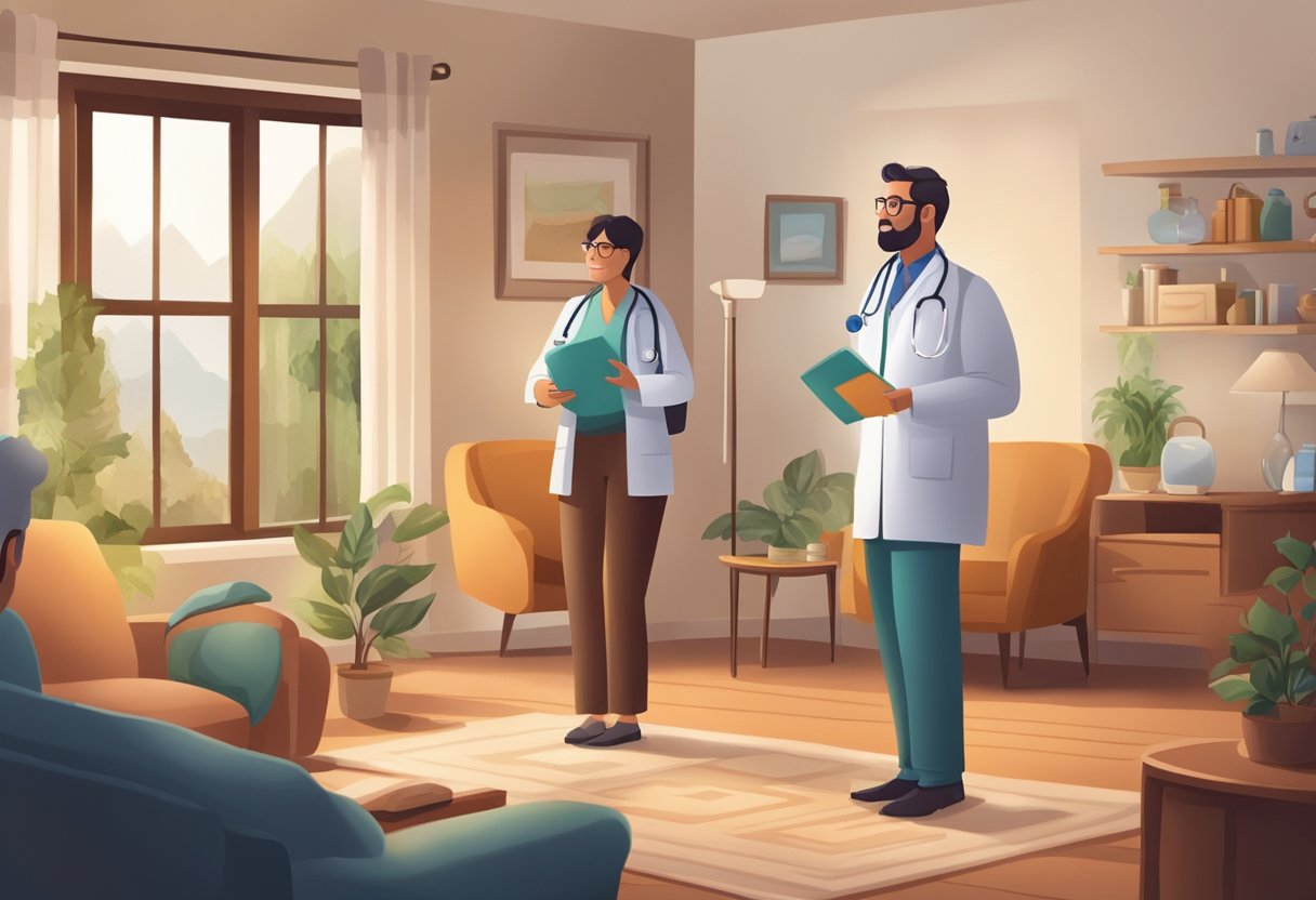 Um médico fazendo uma visita domiciliar, carregando uma bolsa médica e conversando com a família de um paciente em uma sala de estar aconchegante.